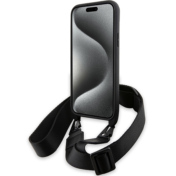 BMW iPhone 15 / 14 / 13 dėklas M Edition Carbon Tricolor Lines & Strap, juodas