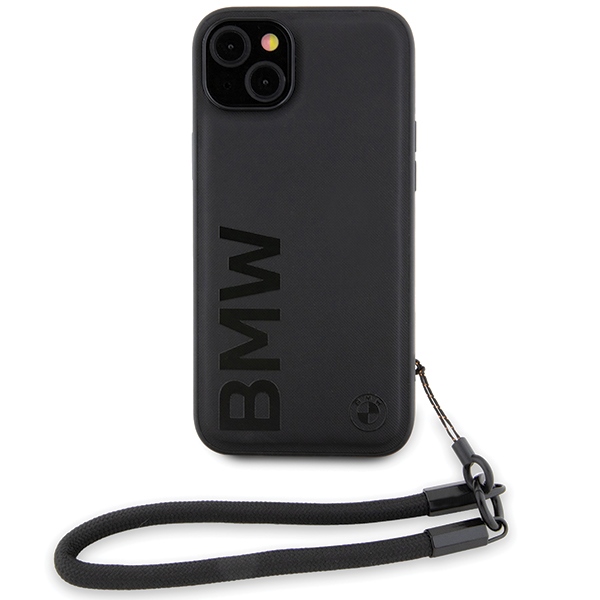 BMW iPhone 15 Plus / 14 Plus deklas Signature Leather Wordmark Cord, juodas