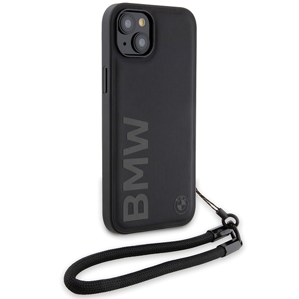 BMW iPhone 15 Plus / 14 Plus deklas Signature Leather Wordmark Cord, juodas