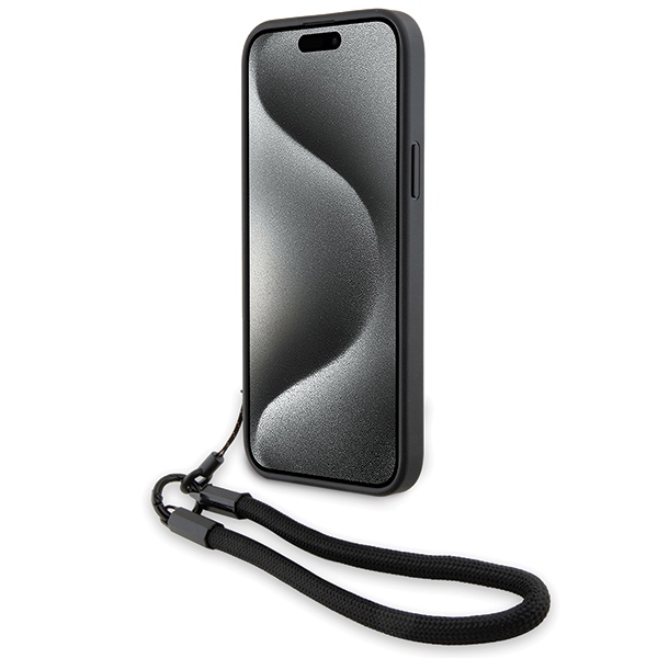 BMW iPhone 15 Plus / 14 Plus deklas Signature Leather Wordmark Cord, juodas