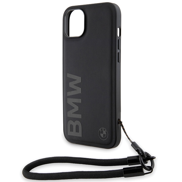 BMW iPhone 15 Plus / 14 Plus deklas Signature Leather Wordmark Cord, juodas