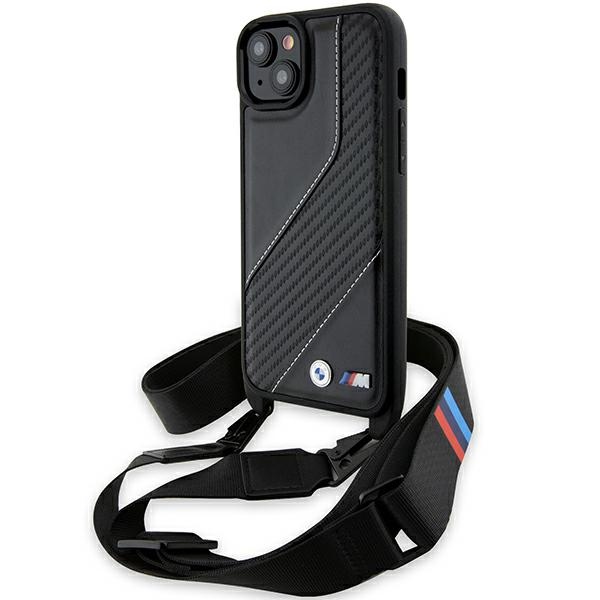 BMW iPhone 15 Plus / 14 Plus dėklas M Edition Carbon Stripe & Strap, juodas