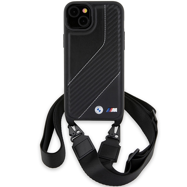 BMW iPhone 15 Plus / 14 Plus dėklas M Edition Carbon Stripe & Strap, juodas