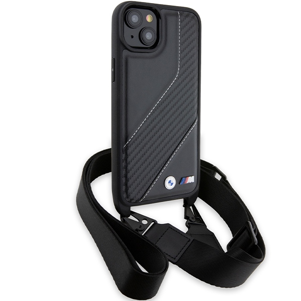 BMW iPhone 15 Plus / 14 Plus dėklas M Edition Carbon Stripe & Strap, juodas