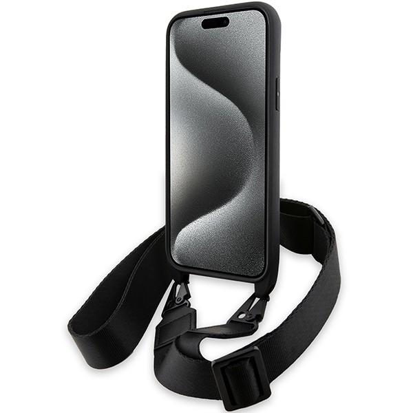 BMW iPhone 15 Plus / 14 Plus dėklas M Edition Carbon Stripe & Strap, juodas