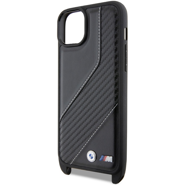 BMW iPhone 15 Plus / 14 Plus dėklas M Edition Carbon Stripe & Strap, juodas