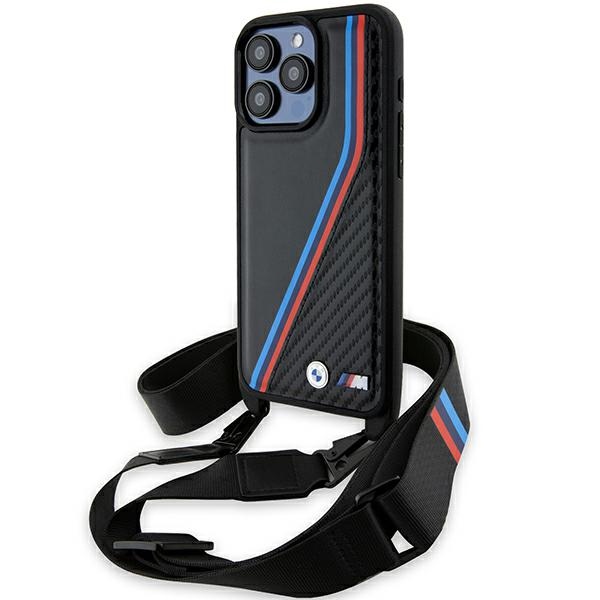 BMW iPhone 15 Pro dėklas M Edition Carbon Tricolor Lines & Strap, juodas