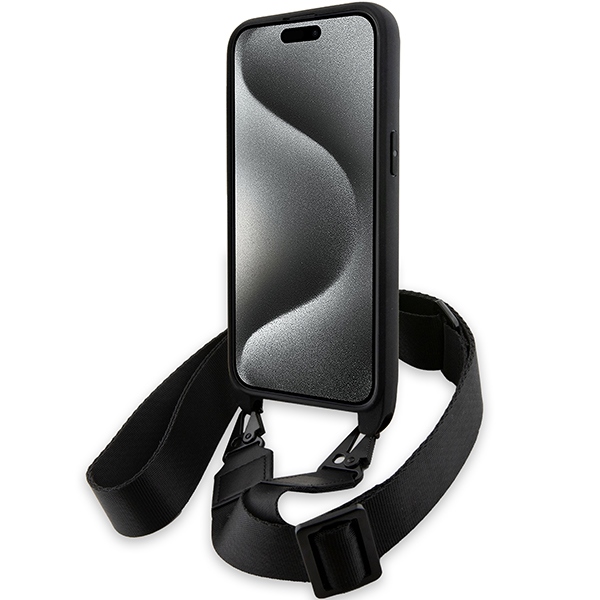 BMW iPhone 15 Pro dėklas M Edition Carbon Tricolor Lines & Strap, juodas