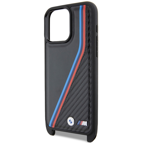 BMW iPhone 15 Pro dėklas M Edition Carbon Tricolor Lines & Strap, juodas