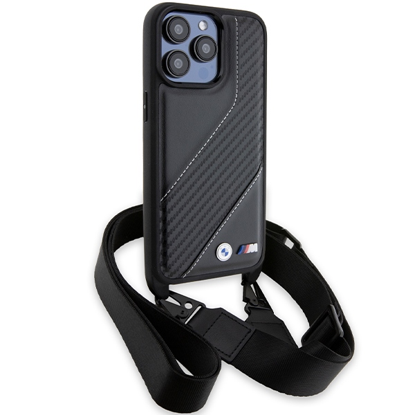 BMW M Edition Carbon Stripe & Strap dėklas iPhone 15 Pro telefonui, juodas