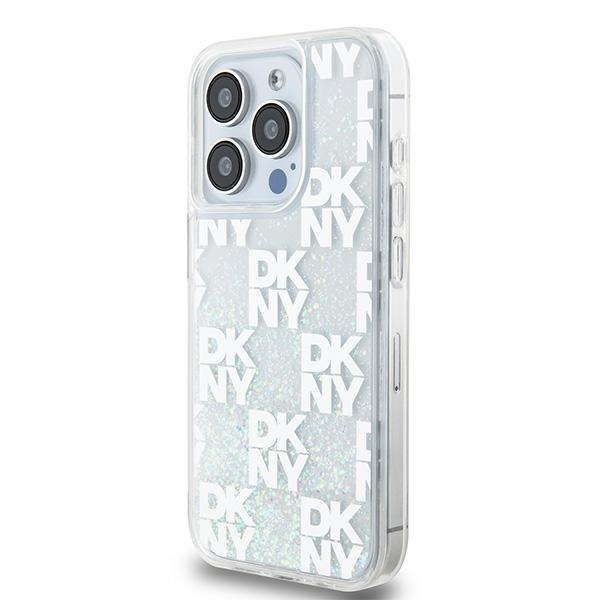 DKNY dėklas iPhone 15 Pro telefonui Liquid Glitter Multilogo, rožinis