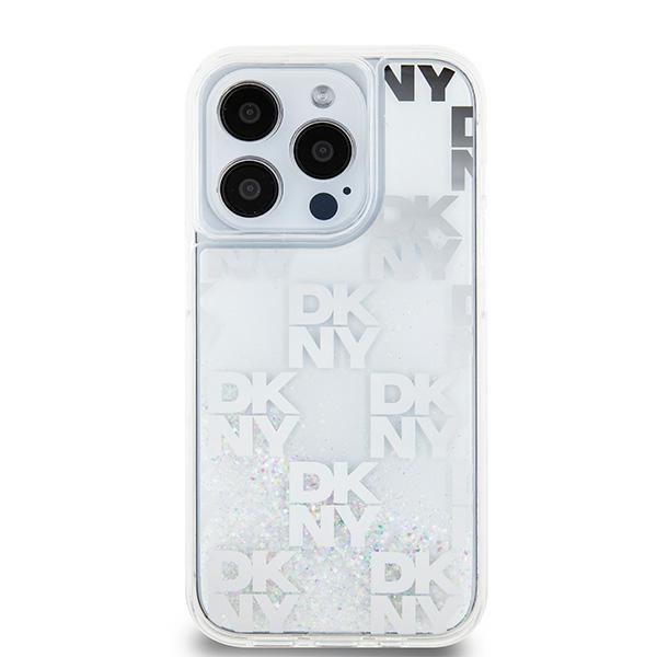 DKNY dėklas iPhone 15 Pro telefonui Liquid Glitter Multilogo, rožinis