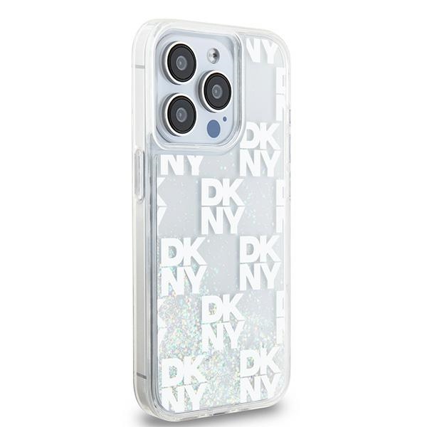 DKNY dėklas iPhone 15 Pro telefonui Liquid Glitter Multilogo, rožinis