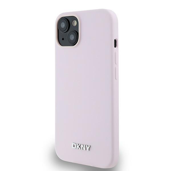 DKNY dėklas iPhone 14 Liquid Silicone Small Metal Logo MagSafe, rožinis
