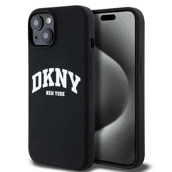 DKNY dėklas, skirtas iPhone 14, Liquid Silicone White Printed Logo MagSafe, juodas