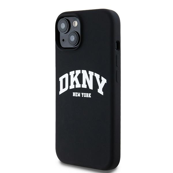 DKNY dėklas, skirtas iPhone 14, Liquid Silicone White Printed Logo MagSafe, juodas