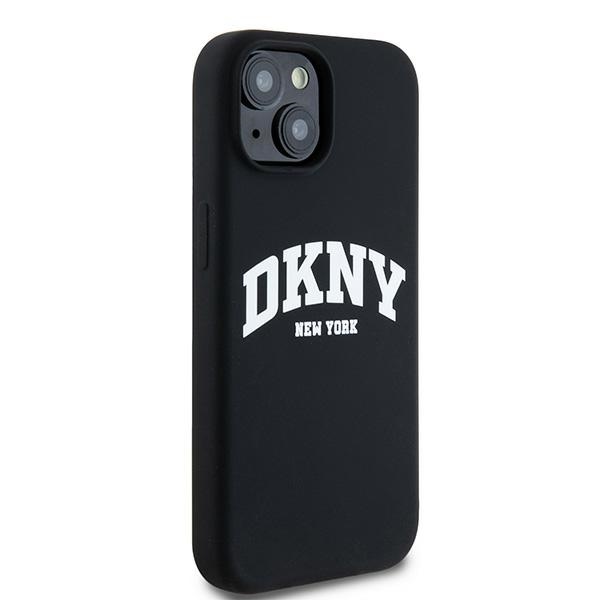 DKNY dėklas, skirtas iPhone 14, Liquid Silicone White Printed Logo MagSafe, juodas