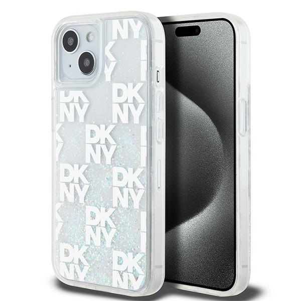 DKNY dėklas iPhone 15 / 14 / 13 telefonams Liquid Glitter Multilogo, baltas
