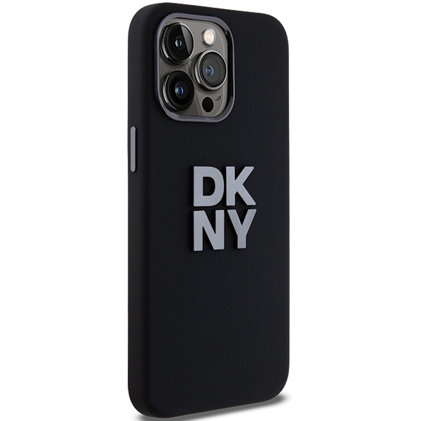 DKNY dėklas „iPhone 15 Pro“ telefonui „Liquid Silicone Metal Logo“, juodas