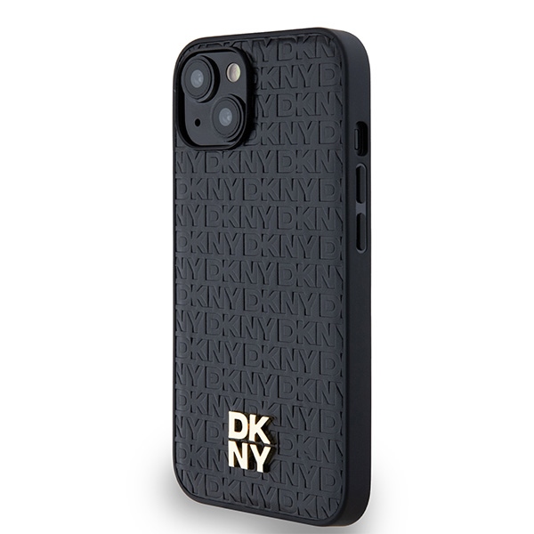 DKNY dėklas iPhone 15 / 14 / 13 Leather Monogram Metal Logo MagSafe, juodas