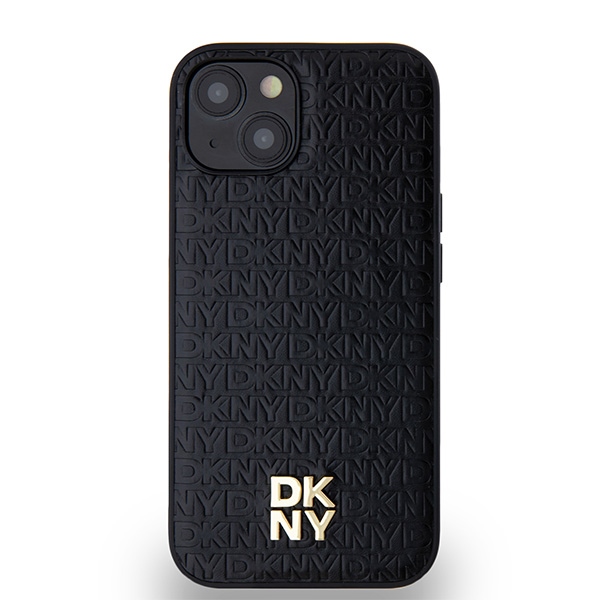 DKNY dėklas iPhone 15 / 14 / 13 Leather Monogram Metal Logo MagSafe, juodas