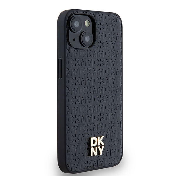 DKNY dėklas iPhone 15 / 14 / 13 Leather Monogram Metal Logo MagSafe, juodas