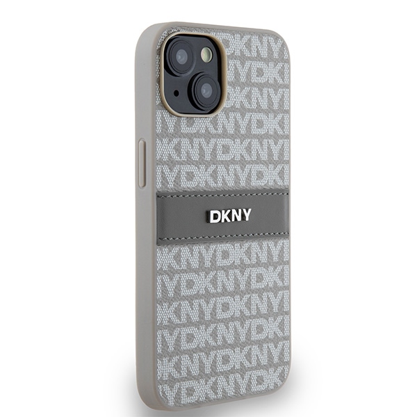 DKNY dėklas iPhone 15 / 14 / 13 modeliams Mono Stripe & Metal Logo, smėlio spalvos