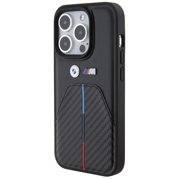 BMW dėklas iPhone 15 Pro telefonui Stamped Tricolor Stripe, juodas
