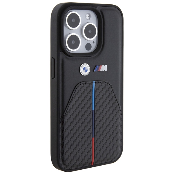 BMW dėklas iPhone 15 Pro telefonui Stamped Tricolor Stripe, juodas