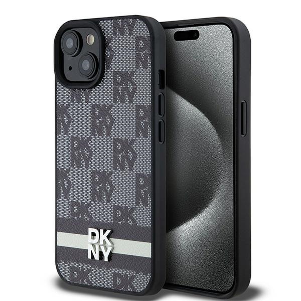 DKNY dėklas iPhone 15 / 14 / 13 modeliams Leather Checkered Mono Pattern, juodas