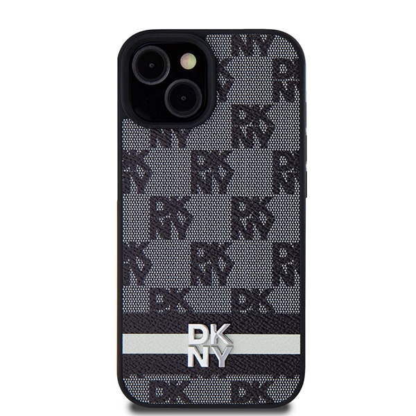 DKNY dėklas iPhone 15 / 14 / 13 modeliams Leather Checkered Mono Pattern, juodas