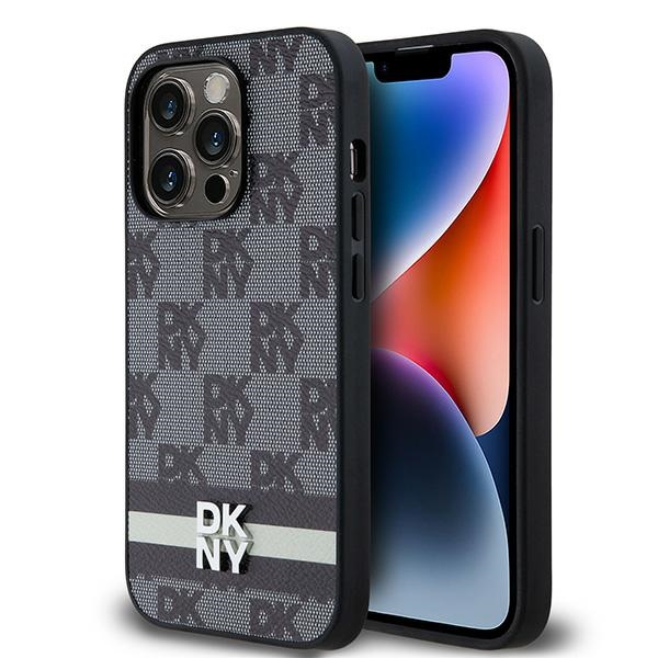 DKNY Leather Checkered Mono Pattern dėklas skirtas iPhone 14 Pro, juodas