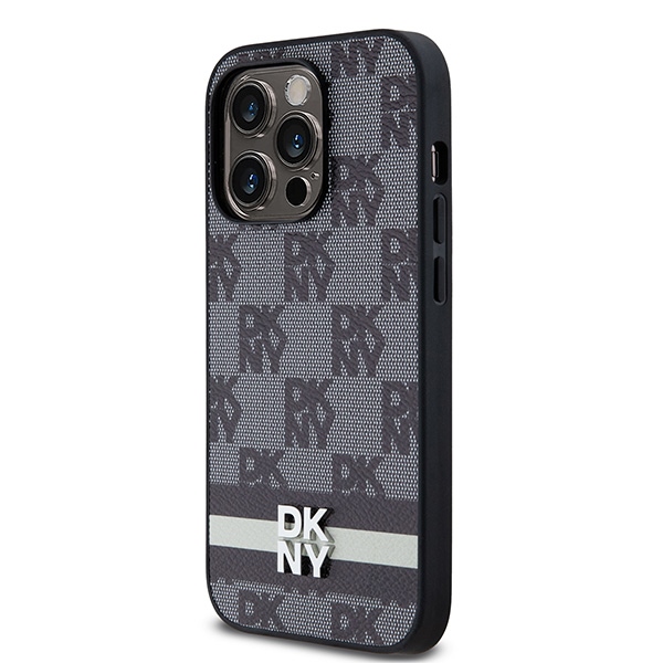 DKNY Leather Checkered Mono Pattern dėklas skirtas iPhone 14 Pro, juodas
