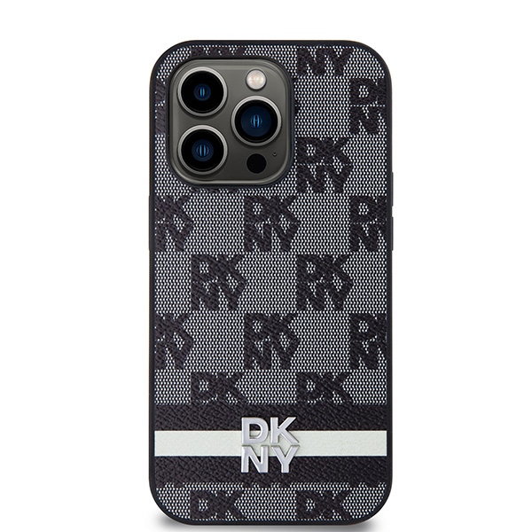 DKNY Leather Checkered Mono Pattern dėklas skirtas iPhone 14 Pro, juodas