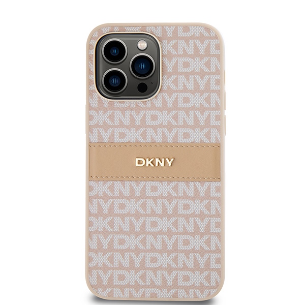 DKNY Leather Mono Stripe & Metal Logo dėklas iPhone 14 Pro Max, rožinis