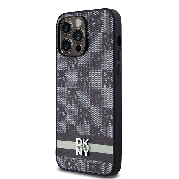 DKNY Leather Checkered Mono Pattern dėklas iPhone 14 Pro Max telefonui, juodas