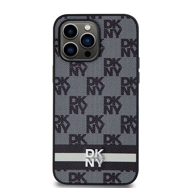 DKNY Leather Checkered Mono Pattern dėklas iPhone 14 Pro Max telefonui, juodas