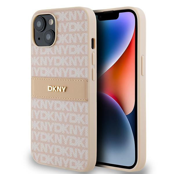 DKNY dėklas iPhone 15 / 14 / 13 modeliams Mono Stripe & Metal Logo, rožinis