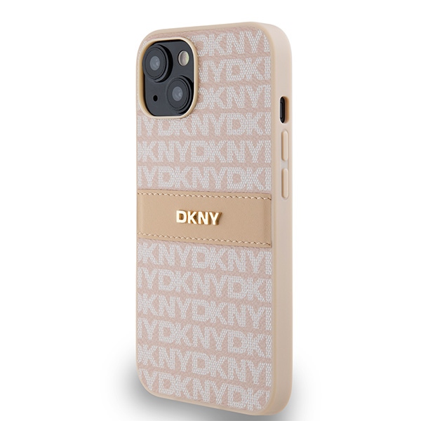 DKNY dėklas iPhone 15 / 14 / 13 modeliams Mono Stripe & Metal Logo, rožinis