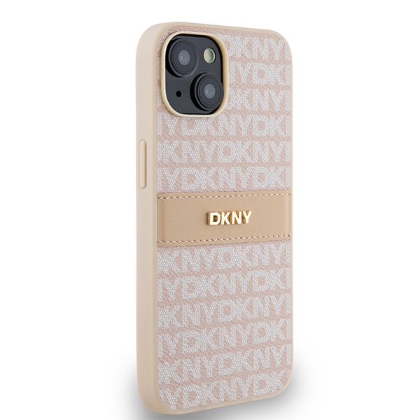 DKNY dėklas iPhone 15 / 14 / 13 modeliams Mono Stripe & Metal Logo, rožinis