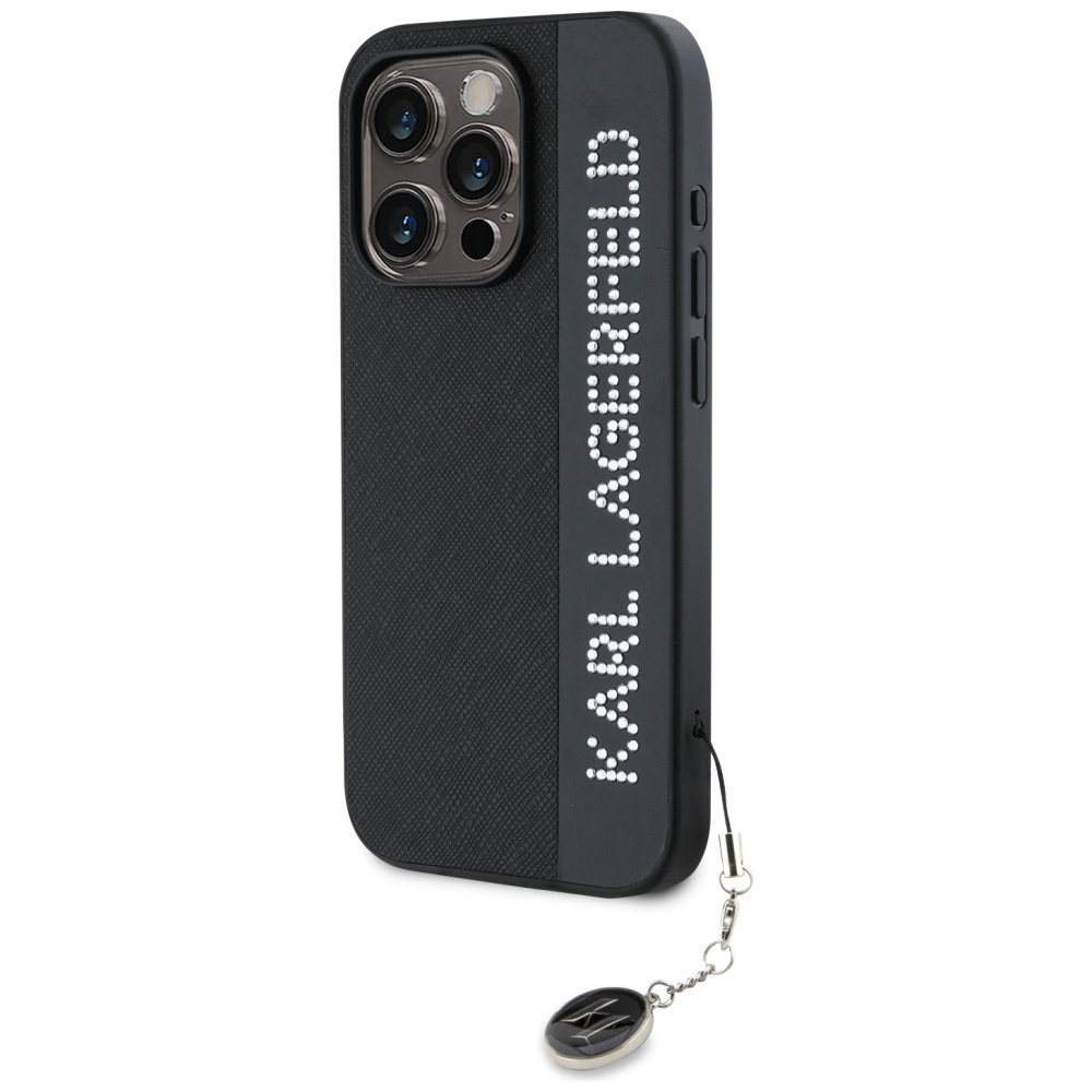 Karl Lagerfeld dėklas iPhone 15 Pro Max Saffiano Rhinestones & Charm, juodas