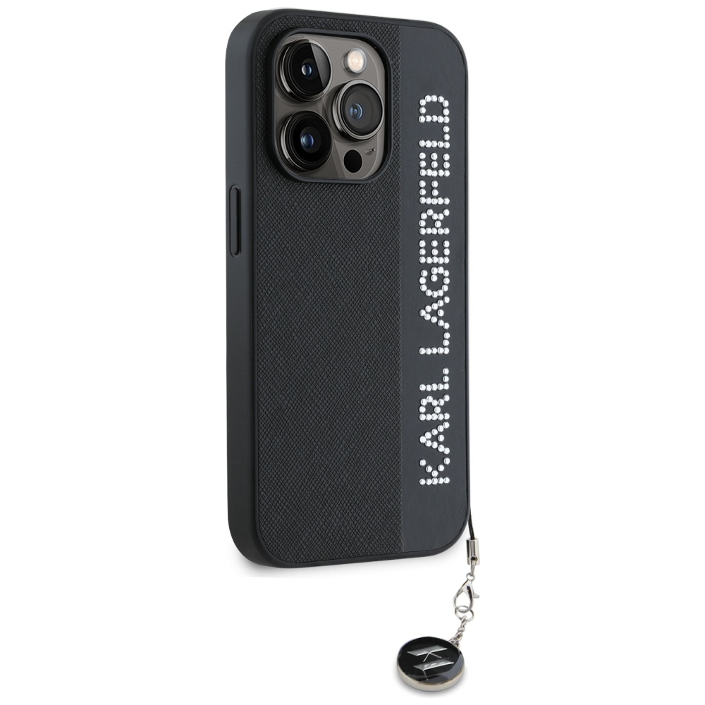 Karl Lagerfeld dėklas iPhone 15 Pro Max Saffiano Rhinestones & Charm, juodas