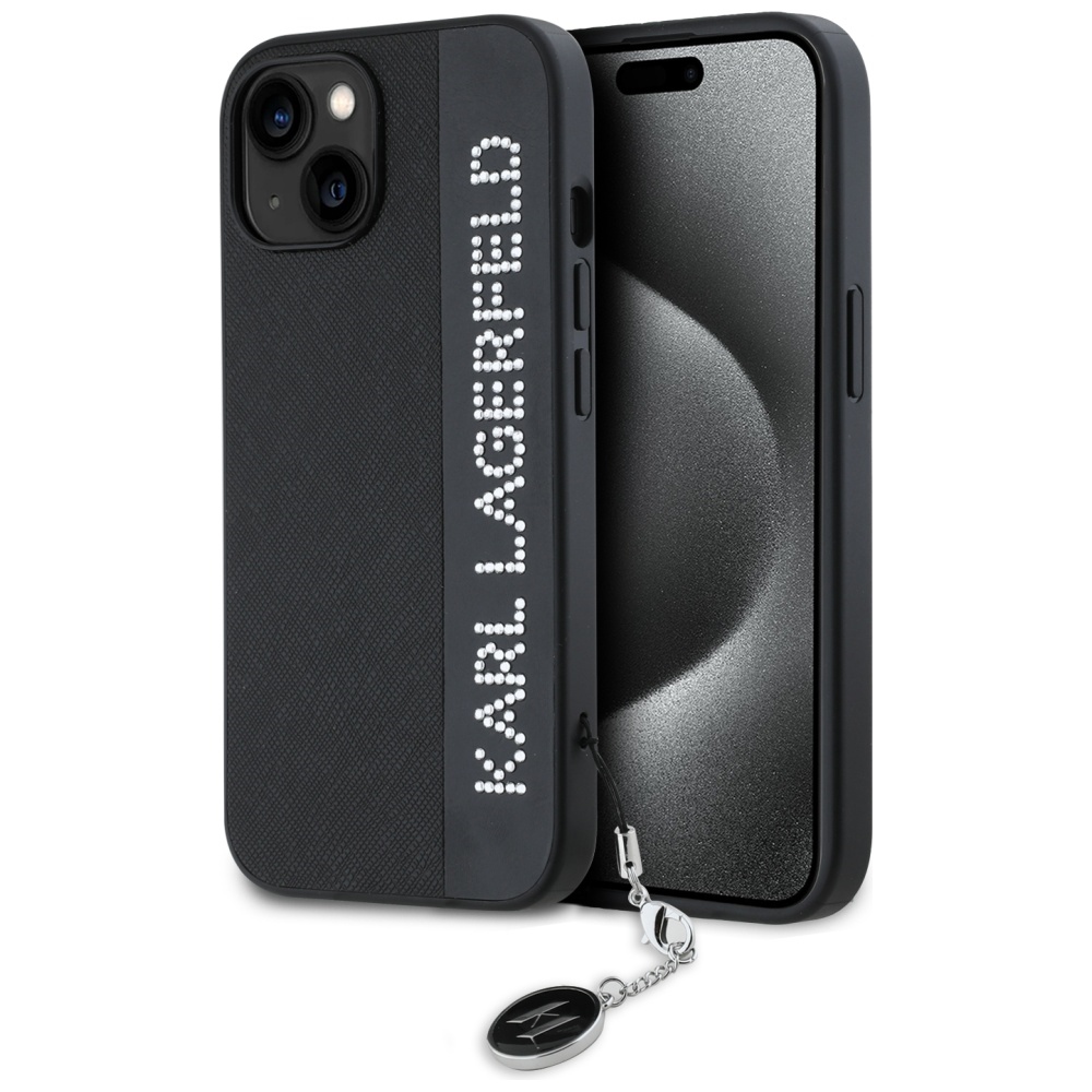 Karl Lagerfeld dėklas iPhone 15 / 14 / 13 Saffiano Rhinestones & Charm, juodas