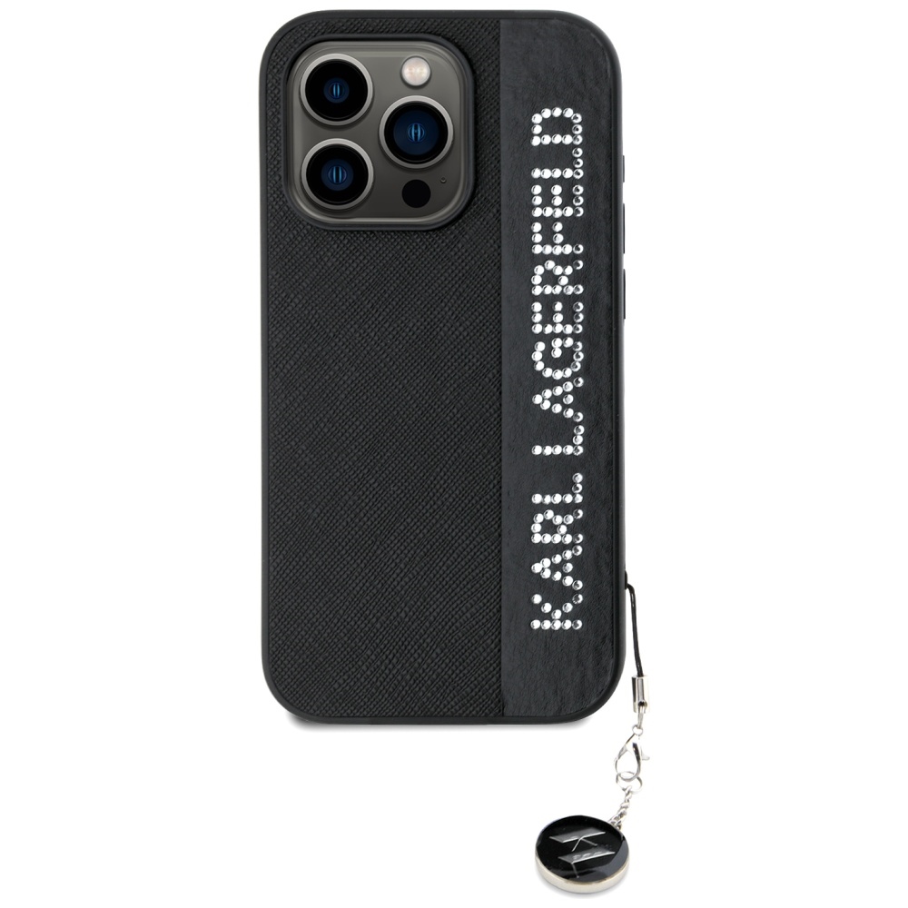 Karl Lagerfeld dėklas iPhone 15 Pro telefonui Saffiano Rhinestones & Charm, juodas