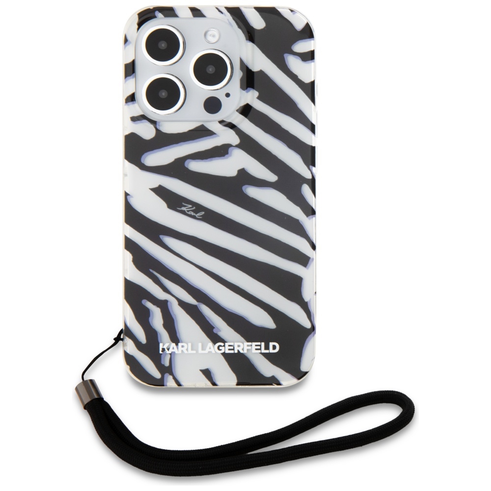 Karl Lagerfeld iPhone 15 Pro Case IML Zebra Pattern & Cord, Black