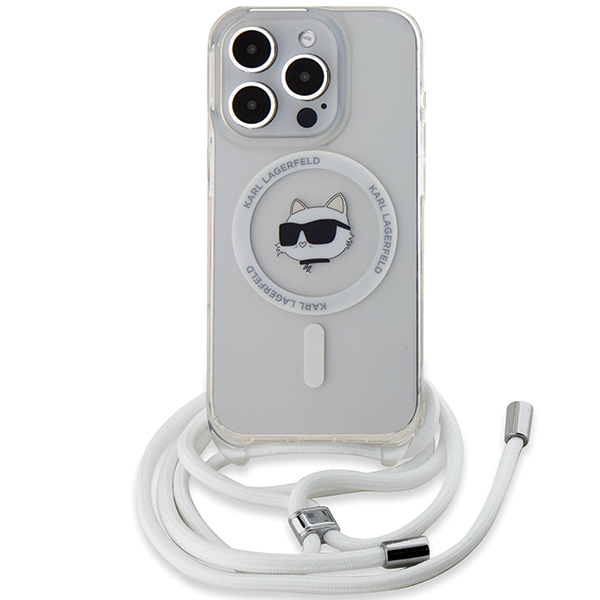 Karl Lagerfeld dėklas iPhone 14 Pro su MagSafe, Choupette Head & Cord, skaidrus