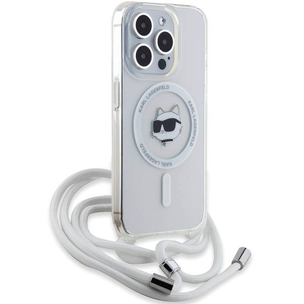 Karl Lagerfeld dėklas iPhone 14 Pro su MagSafe, Choupette Head & Cord, skaidrus