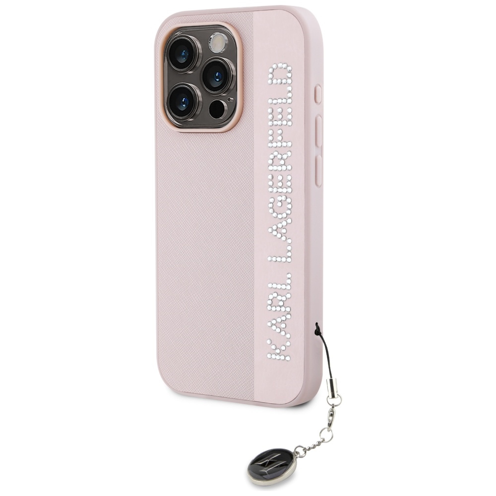 Karl Lagerfeld dėklas iPhone 15 Pro telefonui Saffiano Rhinestones & Charm, rožinis