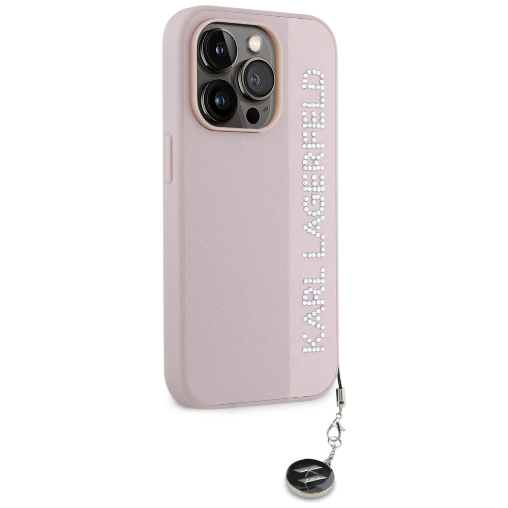 Karl Lagerfeld dėklas iPhone 15 Pro telefonui Saffiano Rhinestones & Charm, rožinis