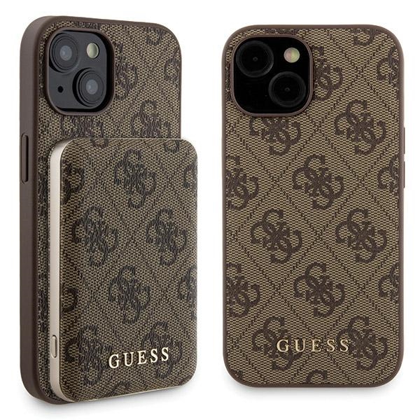Guess iPhone 15 dėklas ir 5000mAh MagSafe išorinė baterija, rudas